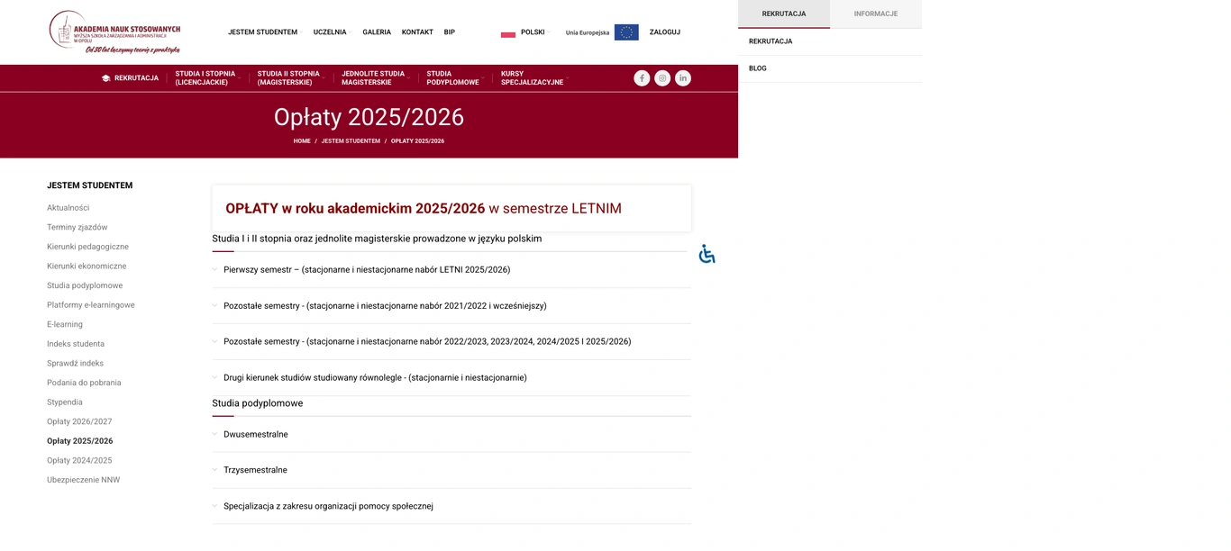 Tuition fee page — University of Applied Sciences - School of Management and Administration in Opole