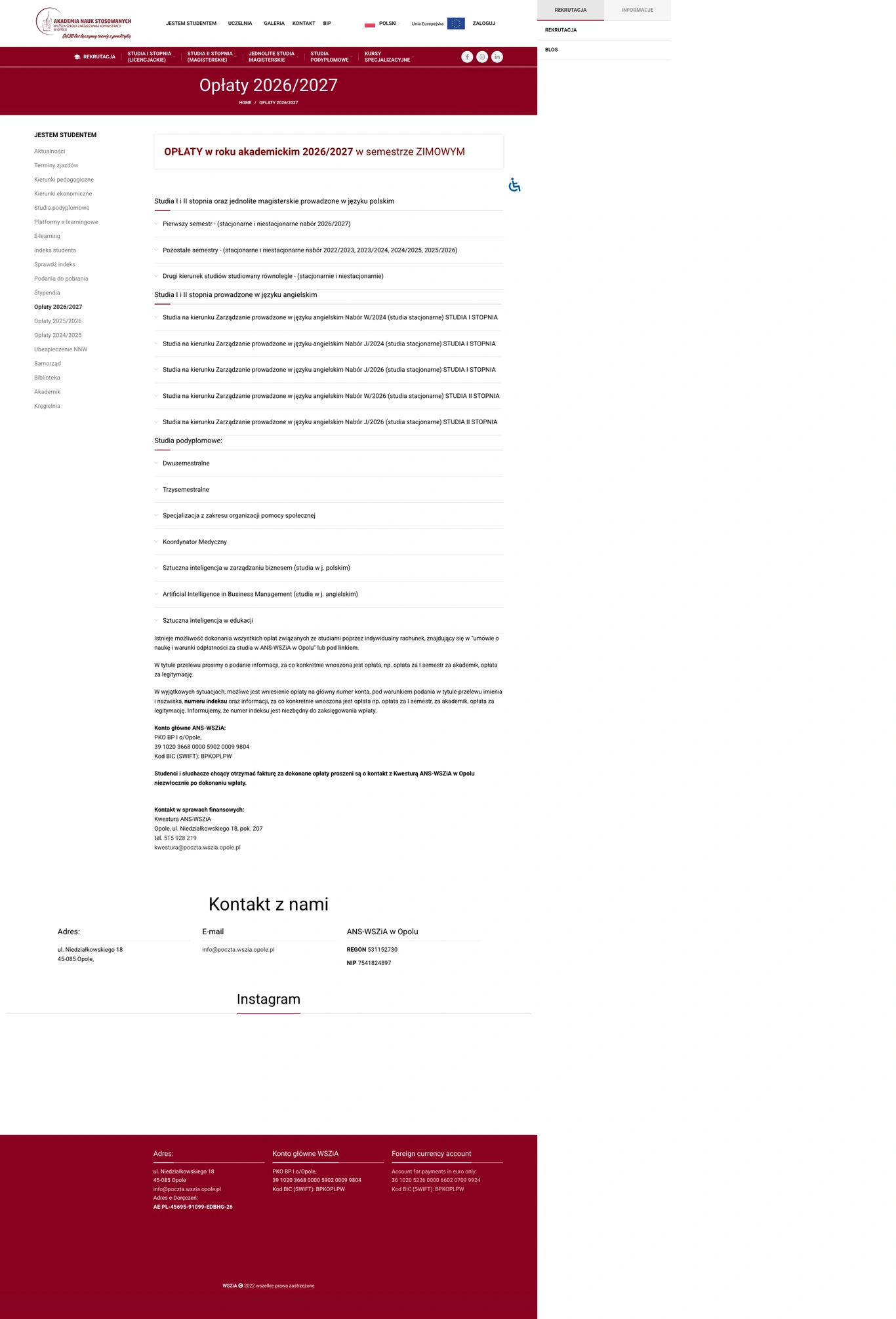 Tuition fee page — University of Applied Sciences - School of Management and Administration in Opole