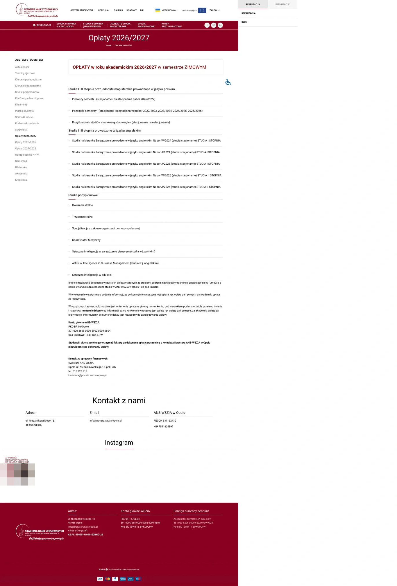 Tuition fee page — University of Applied Sciences - School of Management and Administration in Opole