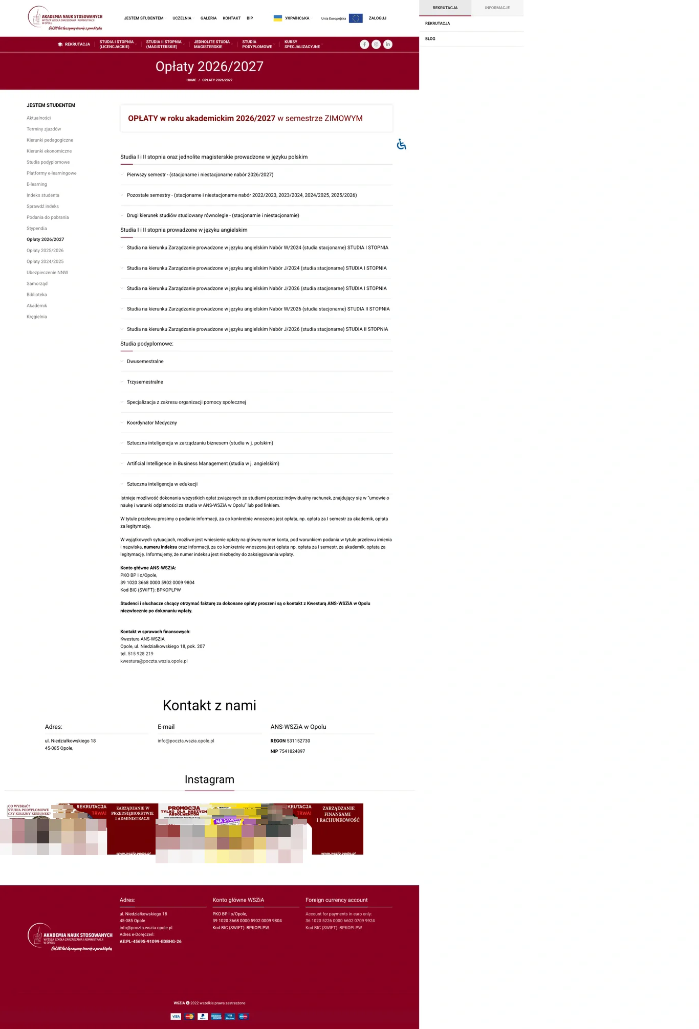 Tuition fee page — University of Applied Sciences - School of Management and Administration in Opole