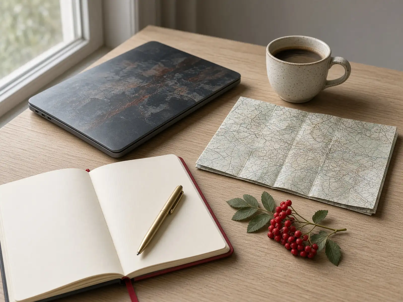 Illustration: a laptop, open notebook, pen, folded map and a cup of coffee on a wooden desk