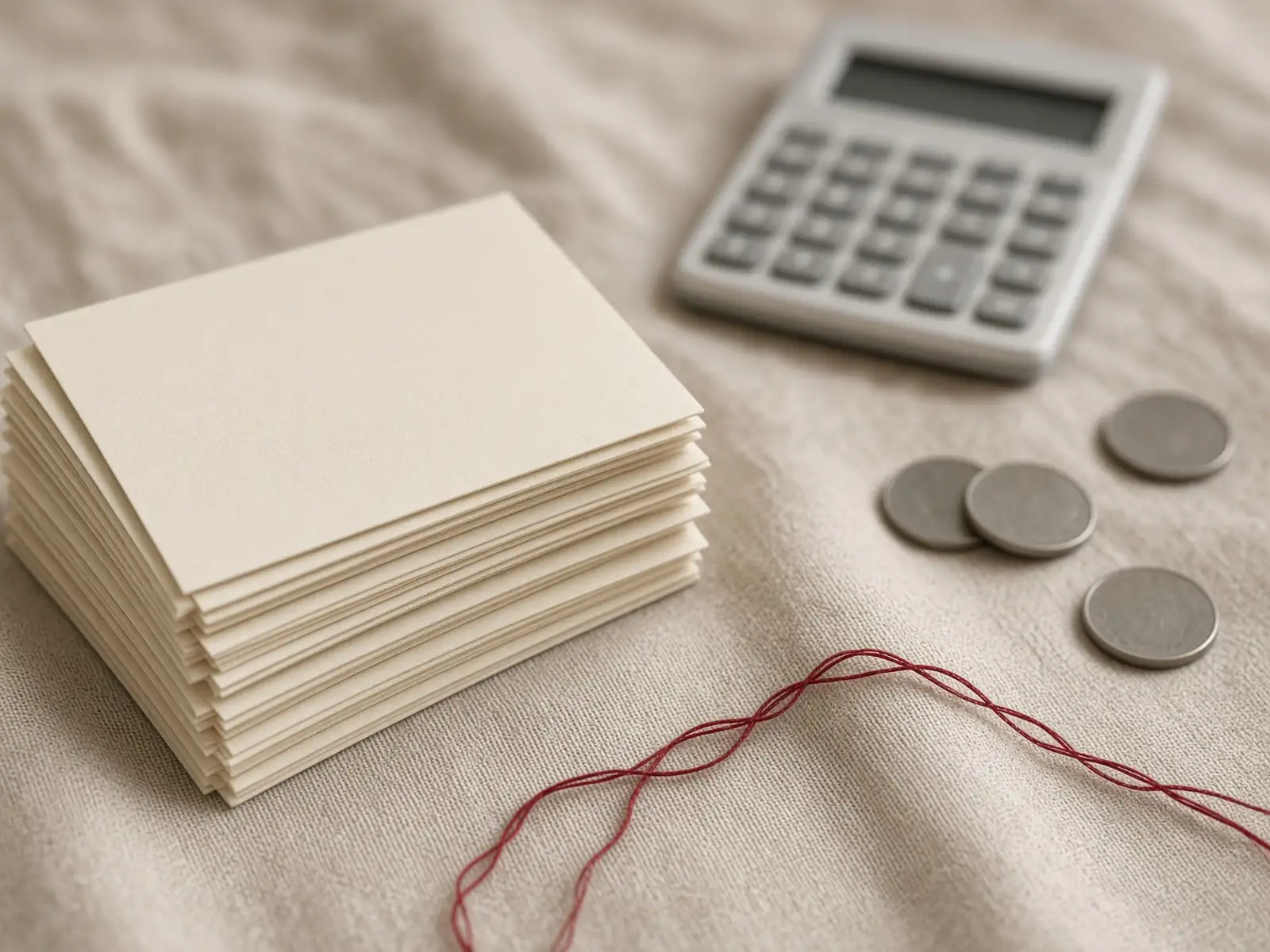 Illustration: a calculator, coins and a stack of blank cards on a linen surface