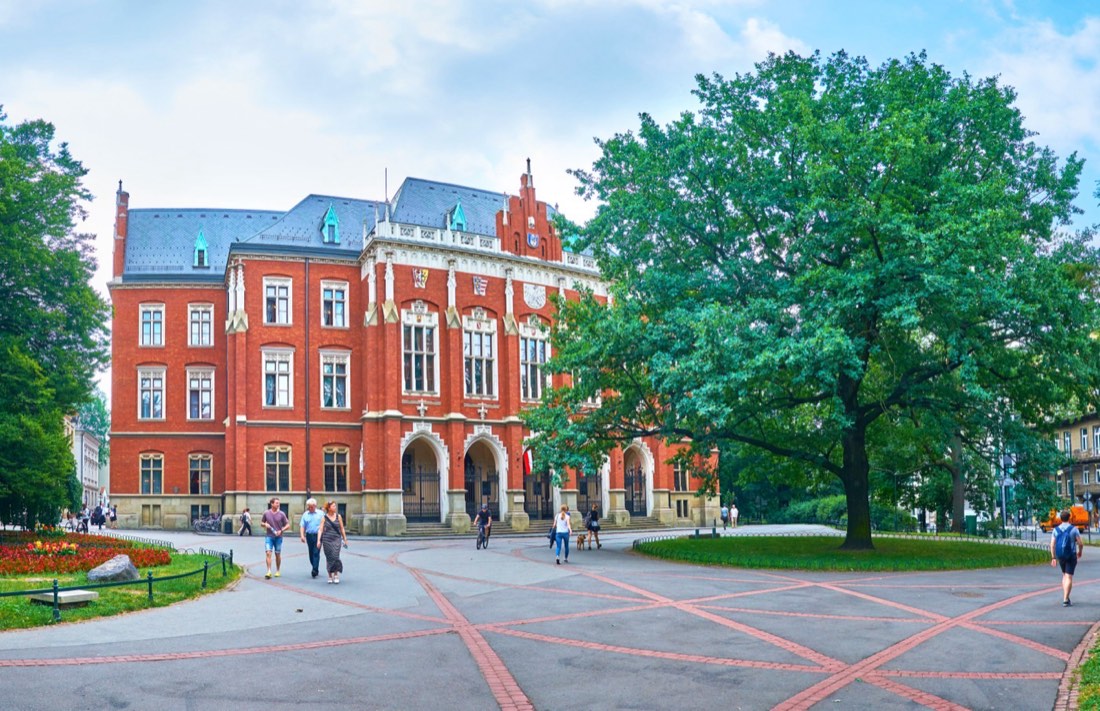 Students studying together in a university library in Poland