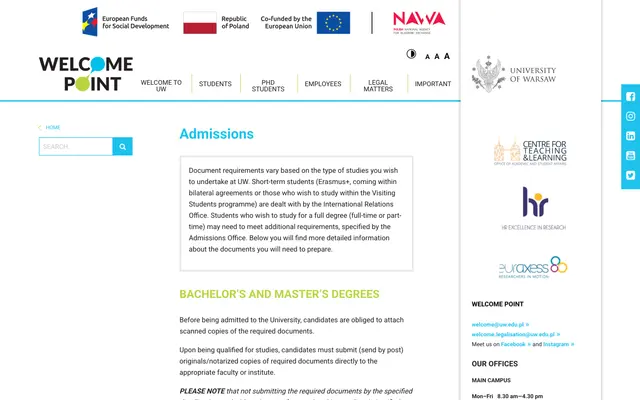 Admissions page — University of Warsaw