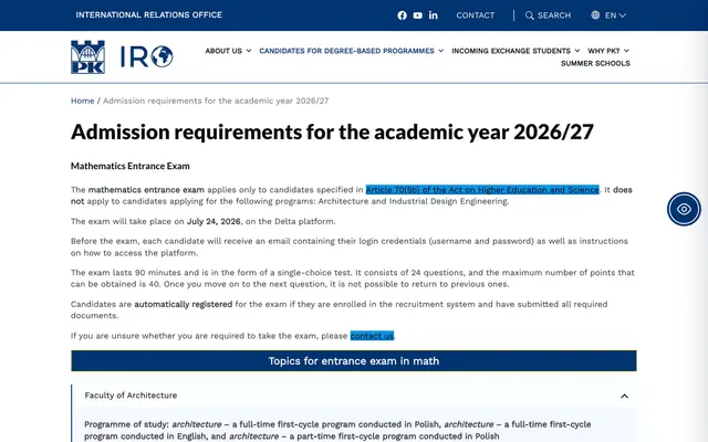 Admissions page — Cracow University of Technology