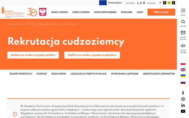 Admissions page — Technical and Artistic University of Applied Sciences in Warsaw