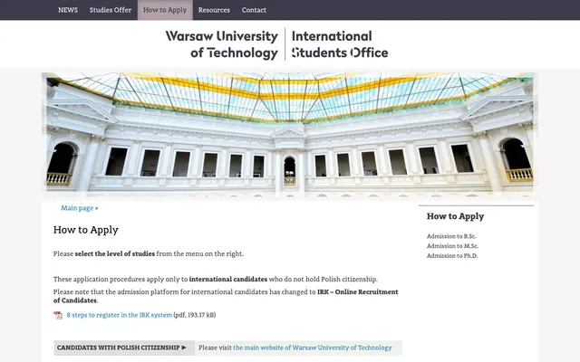 Admissions page — Warsaw University of Technology