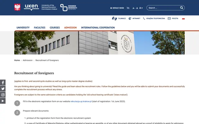 Admissions page — University of the National Education Commission, Krakow