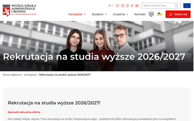 Admissions page — WSAiB University in Gdynia