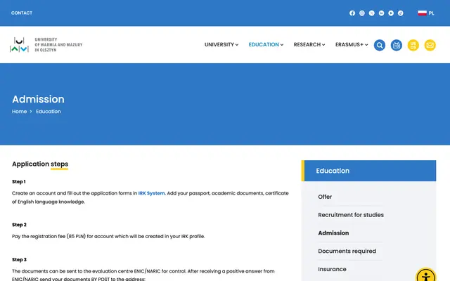 Admissions page — University of Warmia and Mazury in Olsztyn