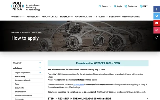 Admissions page — Czestochowa University of Technology