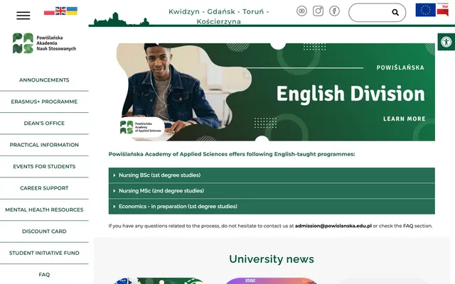 Admissions page — Powislanska University of Applied Sciences