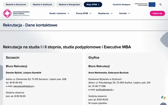 Admissions page — West Pomeranian Business School