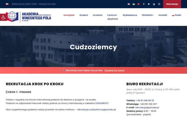 Admissions page — Wincenty Pol University of Applied Sciences in Lublin
