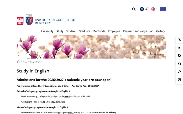 Admissions page — University of Agriculture in Krakow
