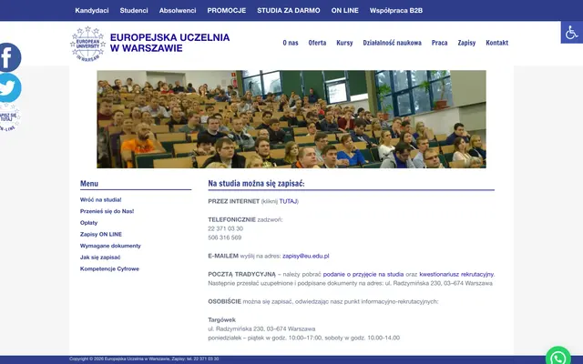 Admissions page — European University in Warsaw