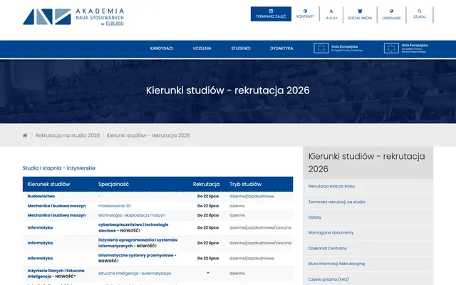 Admissions page — University of Applied Sciences in Elblag
