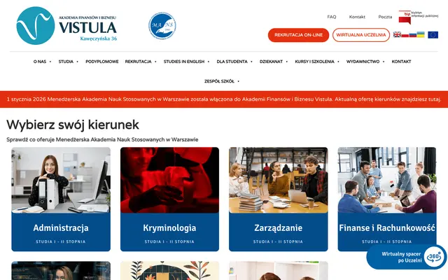 University website — Managerial University of Applied Sciences in Warsaw
