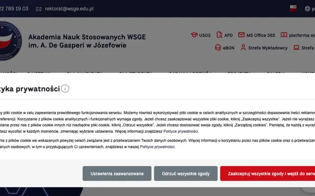 University website — Alcide De Gasperi University of Applied Sciences in Jozefow
