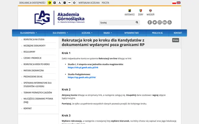 Admissions page — Upper Silesian University in Katowice