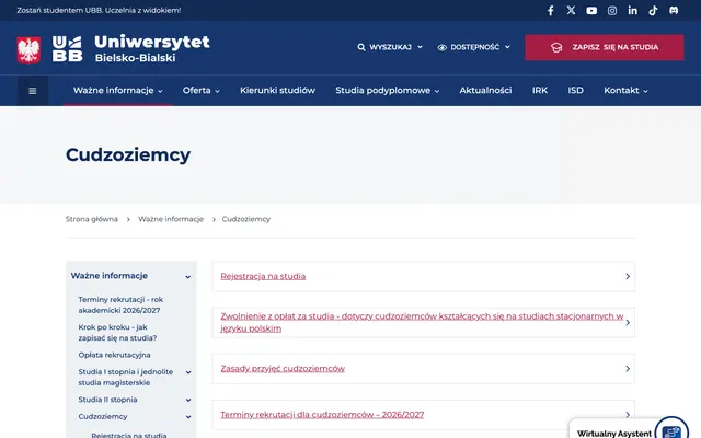 Admissions page — University of Bielsko-Biala