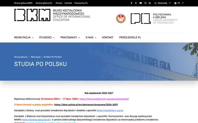 Admissions page — Lublin University of Technology